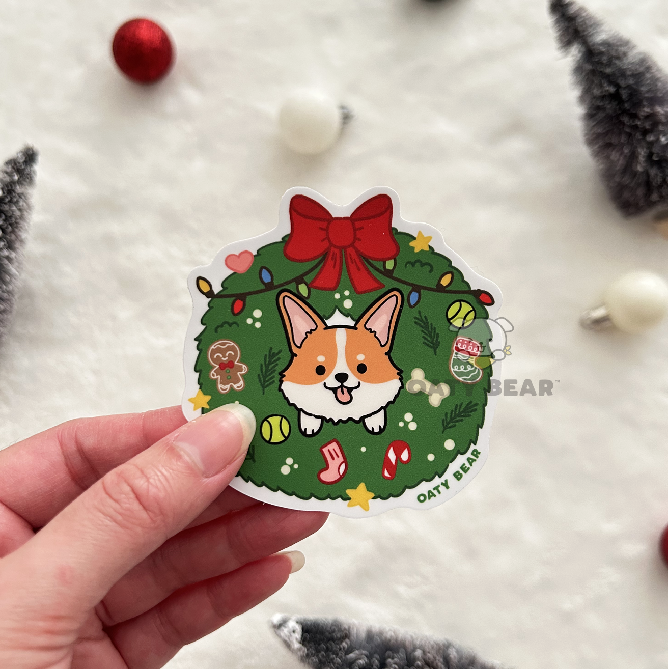 Winter Corgi Wreath Vinyl Sticker