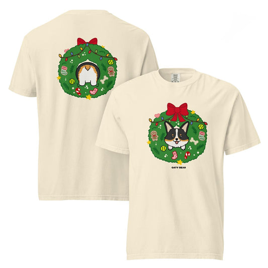 Holiday Wreath Corgi Tri-Color Comfort Colors Unisex T-shirt | Ivory