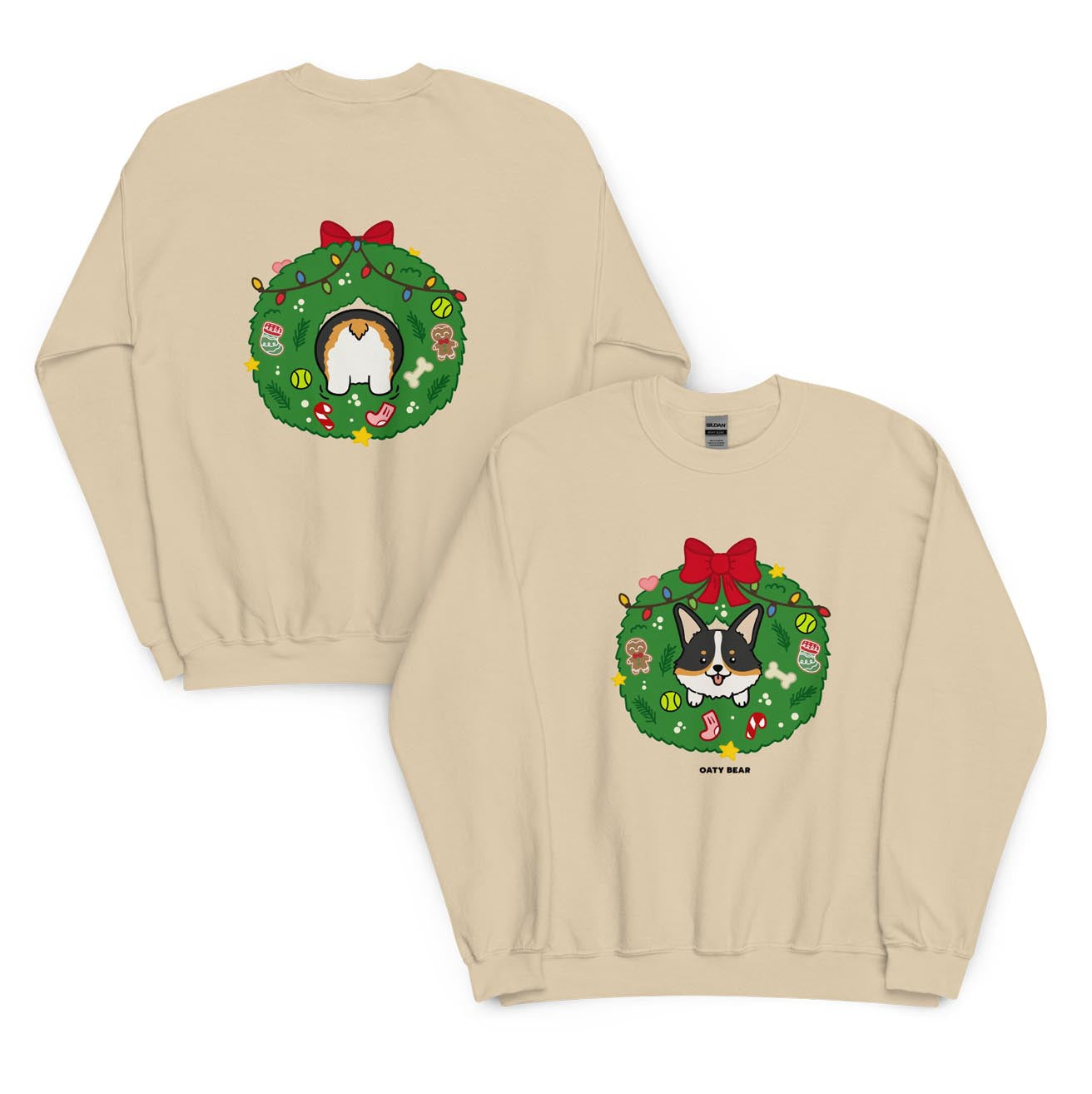 Holiday Wreath Corgi Tri-Color Unisex Sweatshirt | Sand