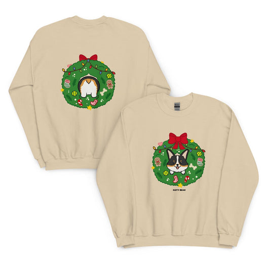 Holiday Wreath Corgi Tri-Color Unisex Sweatshirt | Sand