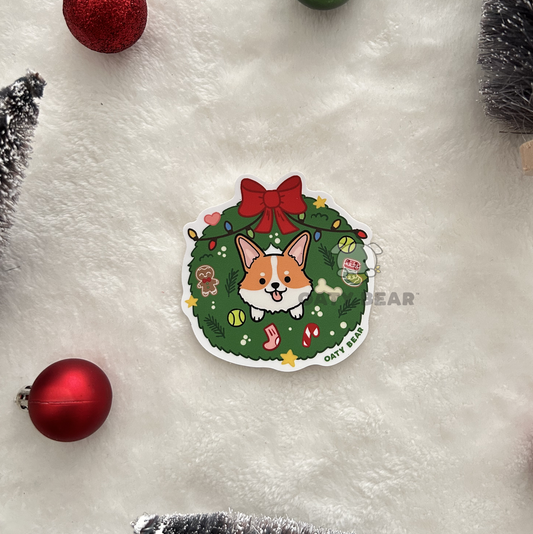 Winter Corgi Wreath Vinyl Sticker