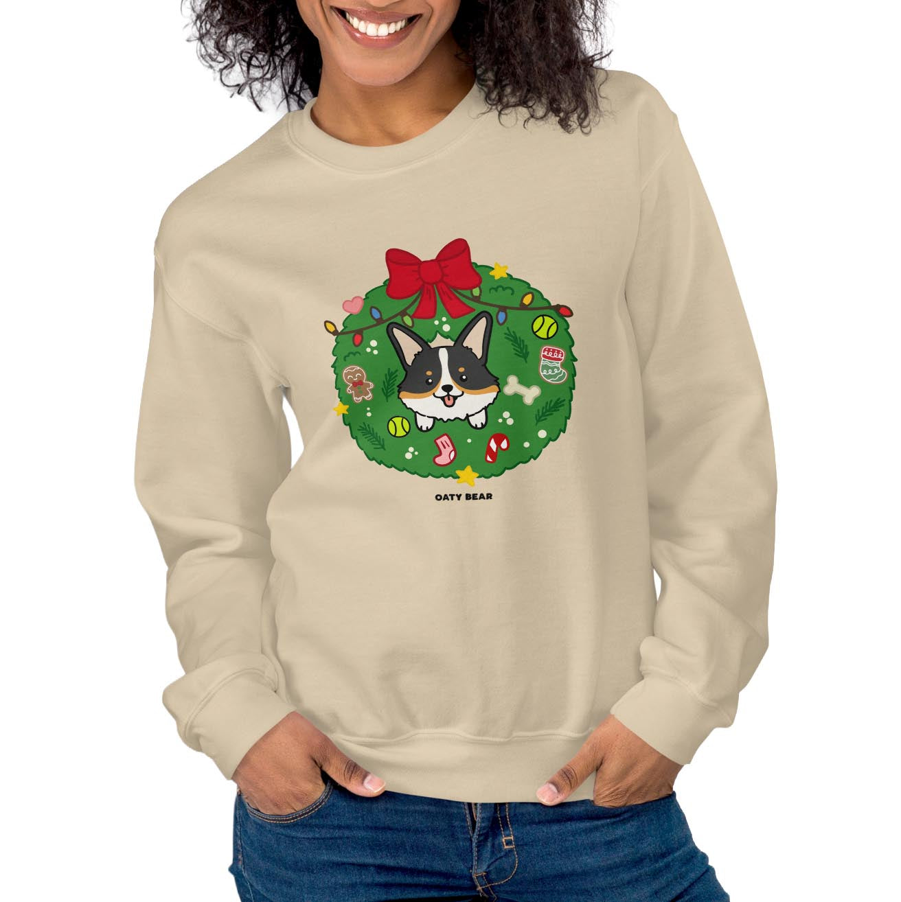 Holiday Wreath Corgi Tri-Color Unisex Sweatshirt | Sand