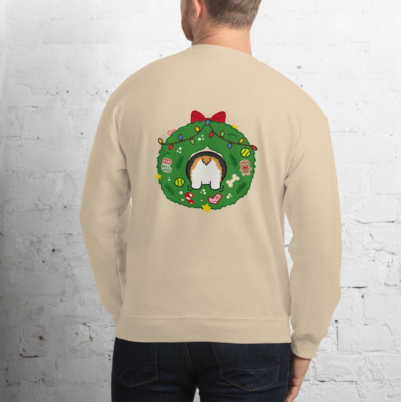 Holiday Wreath Corgi Tri-Color Unisex Sweatshirt | Sand