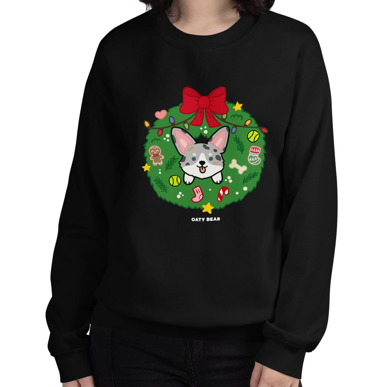 Holiday Wreath Corgi Blue Merle Unisex Sweatshirt | Black