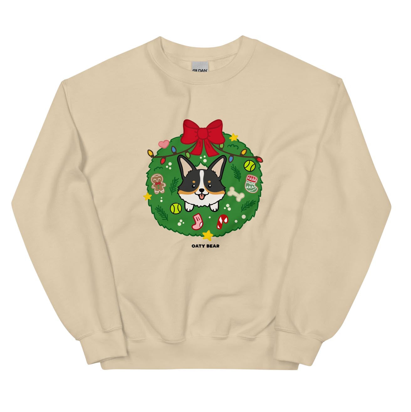 Holiday Wreath Corgi Tri-Color Unisex Sweatshirt | Sand